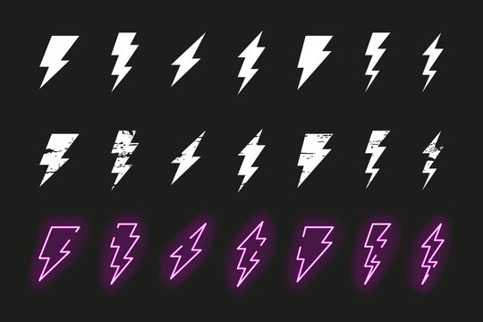 Lightning Bolt Vector Icon Set. Thunderbolt Flat, Grunge And Neon Style Collection.