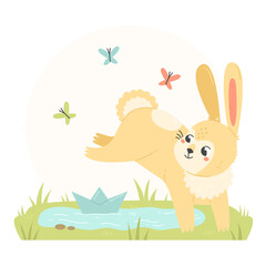 A happy rabbit is playing with a paper boat in a cartoon flat style. The bunny character jumps through a puddle. Spring illustration.