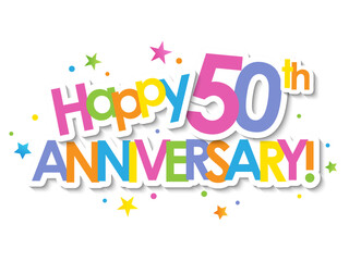 Colorful HAPPY 50th ANNIVERSARY! with dots on transparent background - obrazy, fototapety, plakaty