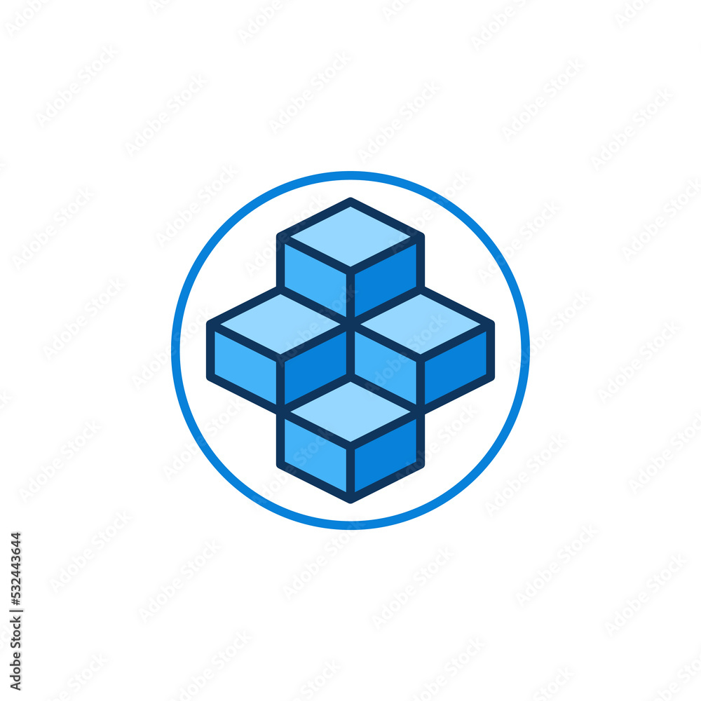 Poster blockchain vector blue round icon. block chain with 4 blocks in circle sign