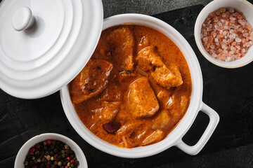 Homemade Hungarian Goulash soup bogracs. Goulash soup with pork. Top view