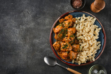 Stew Meat, Hungarian Goulash soup with pasta. Top view