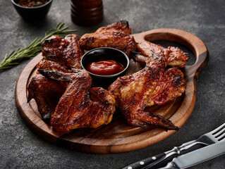 Grilled chicken wings with ketchup. Spicy chicken wings