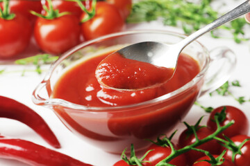 Composition of a gravy boat filled with delicious tomato sauce, a branch of fresh cherry tomatoes, thyme, fresh chilli on a wooden background. Fresh garlic, close-up.