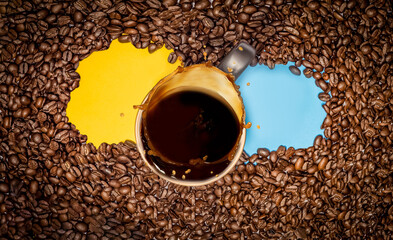 cup of coffee standing on coffee beans used as a switch between two modes or options, good morning...