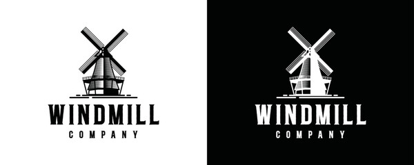 Windmill illustration symbol icon vector. Wind turbines vintage logo design - obrazy, fototapety, plakaty