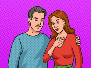Fototapeta premium Happy couple family pinup pop art retro vector illustration. Comic book style imitation.