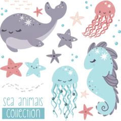 Stickers pour porte Vie marine Collection vectorielle d& 39 animaux marins. Baleine mignonne, hippocampe, méduses, étoiles de mer, bulles d& 39 air, troupeaux de poissons. Animaux mignons de l& 39 océan