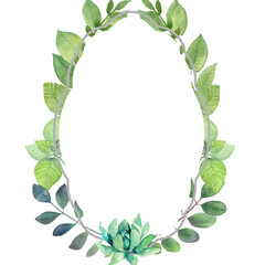 Fototapeta premium watercolor flower frame ovale. Wedding invitation frame, flowers, leaves, watercolor, isolated on white. Sketch of a wreath, a bouquet of flowers in green