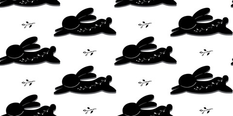 Black rabbit 2023 seamless pattern. Minimalistic Christmas pattern for stylish design. Trendy print in Scandinavian style. Black and white vector pattern.