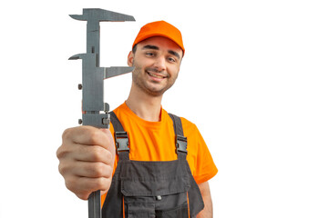 Young worker with caliper in his hands. Tool for measurement. Craftsman repairman wearing orange...