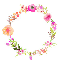 watercolor flower frame circle. wreath of flowers in watercolor style with white background