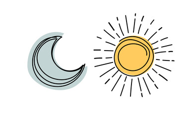 Outline weather icons set, crescent moon and sun, simple boho hand drawing. Vector line illustration isolated on white background.