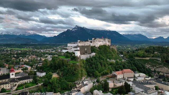 aerial view Salzburg Austria skyline of Salzburg castle river old town in 4k after sunset