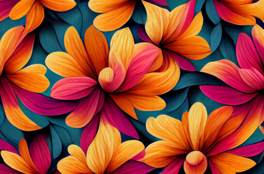 3d illustration floral mural wallpaper. colorful flowers background Stock  Illustration | Adobe Stock
