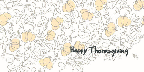 Thanksgiving Day holiday design. Hand lettering decorated with a garland of pumpkins and pumpkin leaves in line art. Greeting card template, logo, emblem