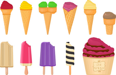 big kit ice cream popsicle different types in cone waffle cup
