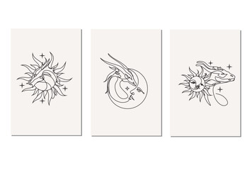 Fototapeta na wymiar Single continuous line drawing of monsters dragon set of 3 posters. Magical legend creature mascot concept for martial art association. One line draw design illustration
