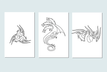 Single continuous line drawing of monsters dragon set of 3 posters. Magical legend creature mascot concept for martial art association. One line draw design illustration