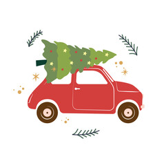 Vector illustration of a retro red car with christmas tree on the top