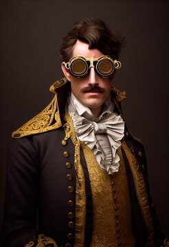 Portrait of a Victorian man wearing virtual goggles. A man from the olden days playing VR games. 3D rendering