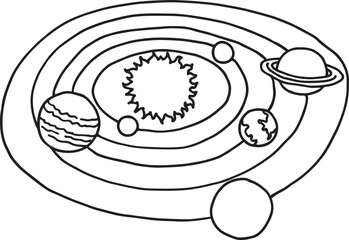 Solar system doodle. Hand drawn sun and planets