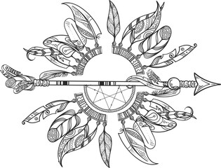 Tribal dreamcatcher with indian arrow. Round feather frame - obrazy, fototapety, plakaty