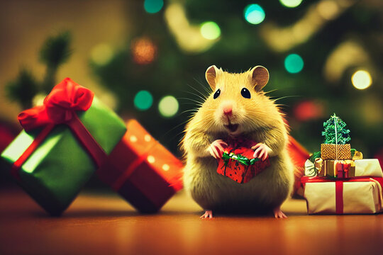 Hamster celebrating christmas. Christmas hamster. Cute hamster with christmas gift