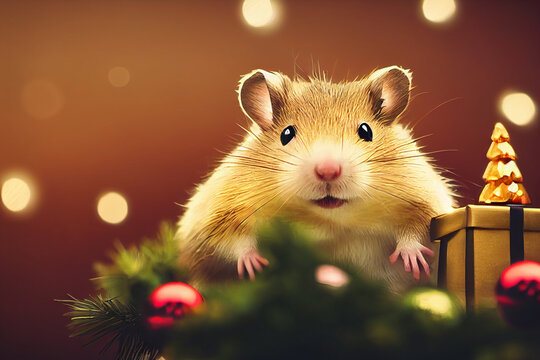 Hamster celebrating christmas. Christmas hamster. Cute hamster with christmas gift