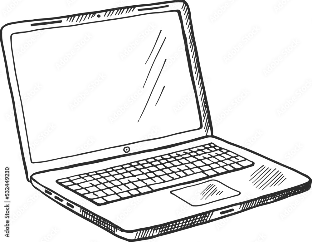 Fototapete laptop sketch. open computer with blank screen in hand drawn style