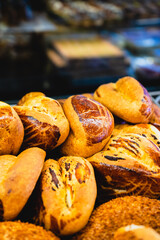 Close-up view of pastries in the patisserie