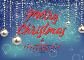Merry Christmas and Happy New Year greeting card background with silver christmas balls on winter snowfall. Template for festive holiday design. Vector illustration.