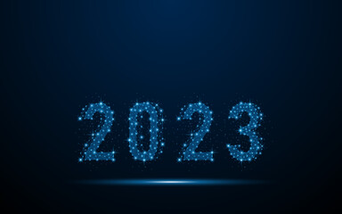 Happy New Year 2023. Digital low poly wireframe style design with connection points. vector illustration

