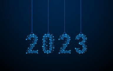 Happy New Year 2023 hanging down. Digital low poly wireframe style design with connection points. vector illustration
