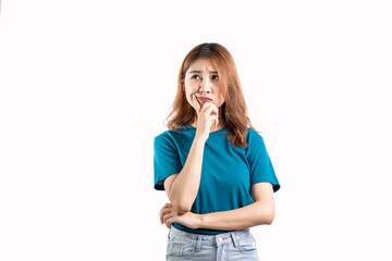 Cute face Asian woman making various hand gestures and isolated on white background copy space