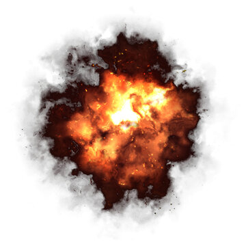Explosion with orange fire and dark smoke bursts isolated on a transparent background for cinematic action design and project effects.
