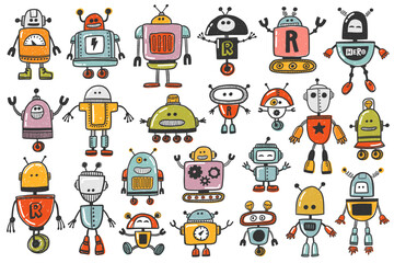 Set of vector robots in cartoon style. Hand drawn isolated vector robots in a white background. Cute retro toy robot mascot collection.