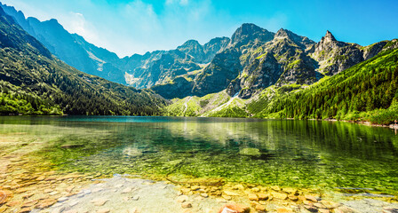 Tatra National Park in Poland. Famous mountains lake Morskie oko or sea eye lake In High Tatras. Five lakes valley © Zedspider