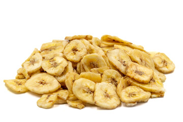 Dried banana slice isolated on white background. Dried fruit in sunlight. close up