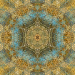 hexagonal kaleidoscopic turquoise gold and brown coloured patterns and design