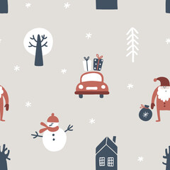 Christmas vector seamless pattern with small houses, car, snowman, gifts in scandinavian style. For kids, nursery textile, fabric, paper design. Vector flat illustration