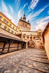 Sighisoara, Transylvania, Romania with famous medieval fortified city and the Clock Tower built by...