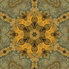 hexagonal kaleidoscopic turquoise gold and brown coloured patterns and design