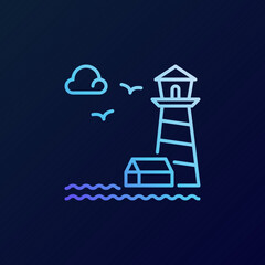 Naklejka premium Lighthouse with Seagulls and House vector blue colorful line icon