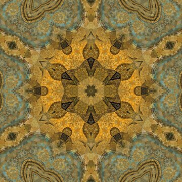 hexagonal kaleidoscopic turquoise gold and brown coloured patterns and design