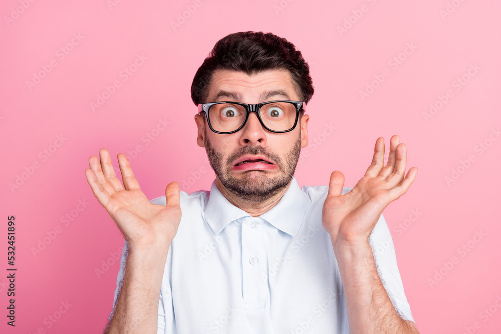 Wall mural photo of horrified employee feel fear about bankruptcy company isolated on pastel color background - Wall murals