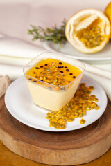 delicious passion fruit mousse in a rustic setting.