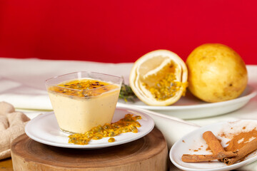 delicious passion fruit mousse in a rustic setting.
