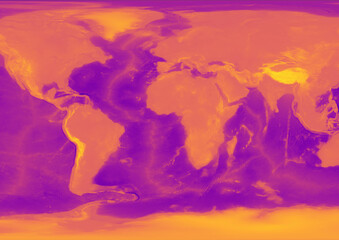 The World map Relief Bathymetry in yellow and orange and the oceans in purple