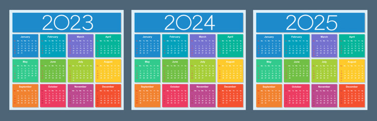 Colorful calendar for 2023, 2024 and 2025 years. Week starts on Sunday. Isolated vector illustration.